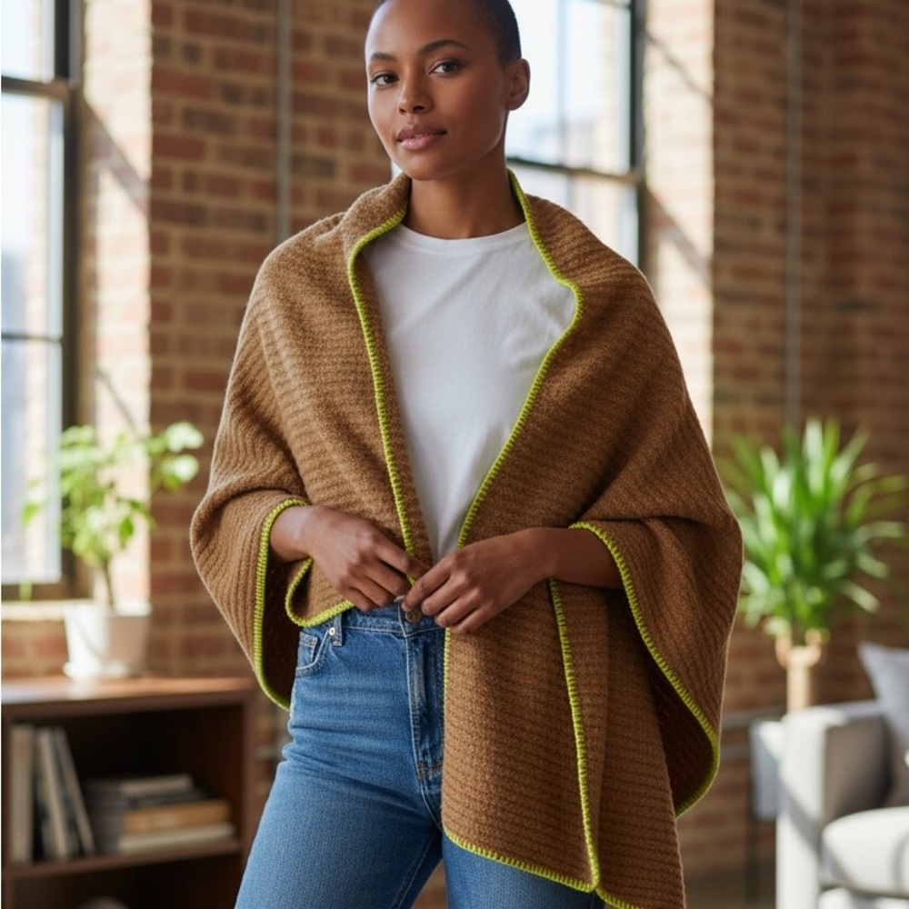 Anthropologie Wrap Shawl Brown Green Trim Warm Chic Everyday One Size Feminine